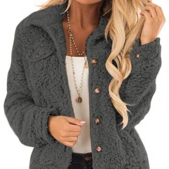 Gray Sherpa Button Up Long Sleeve Jacket - Picture 5 of 7